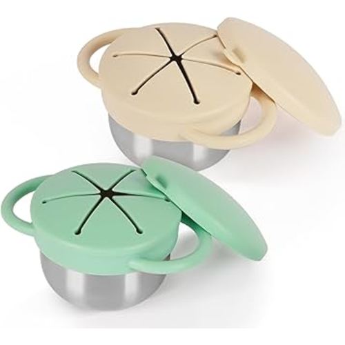 Casremee 2 Pack 304 Stainless Steel Snack Cups for Toddlers, Toddler Snack Containers with Spill-Proof Silicone Travel Lid & Handle, Dishwasher Safe, Removable Snack Cup for Baby, Toddler, Kids