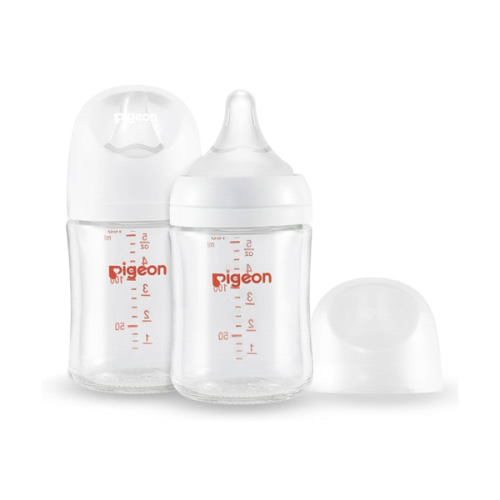 Pigeon Glass Nursing Bottle Wide Neck, Anti-Colic, Streamlined Body, Natural Feel, Easy to Clean, Heat-Resistant, 5.4 Oz (Pack of 2), Includes 2pcs SS Nipples (0m+)