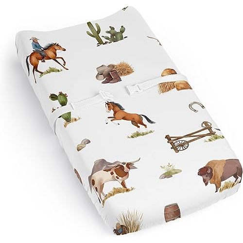 Sweet Jojo Designs Western Cowboy Boy Baby Changing Pad Cover Sheet Infant Newborn Diaper Table Change Mat Cover Wild West Southern Charm Country South Horse Steer Cow Farm Animal Desert Cactus Taupe