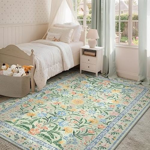 Morebes Washable 5x7 Area Rugs, Boho Pink and Green Floral Rugs for Living Room Non Slip, Soft Flower Indoor Floor Carpet for Nursery Bedroom Dining Room Cottage Core Decor