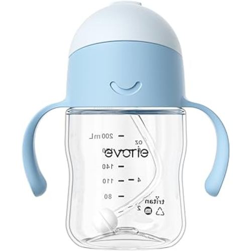 Evorie Tritan Baby Sippy Cup Weighted Gravity Straw Toddler Beginner Training Bottle, 7 Oz Leakproof Award Winning Infant Water Bottle with Handles for 6 months above
