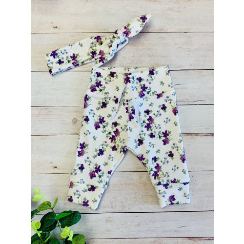 Newborn Baby Girl Purple Violets Outfit, Shower Gift, Organic Cotton Leggings Knot Hat and Headband Bow, Girl Coming Home Outfit