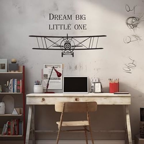 Dream Big Little One - Vintage Airplane Wall Sticker Set - Biplane Travel Decor for Kids Room and Nursery - Removable PVC Wall Decal for Travel Lovers - 23"x13" Size (Black-JZY168-Deram Big)