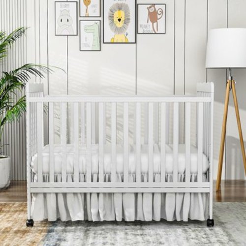 Baby Convertible Crib 3 In 1, Converts from Baby Crib to Toddler Bed, New Zealand Pinewood Baby Bed with Locking Wheels and Teething Rail, Crib with 4 Height Adjustment and Non Toxic Finish, White