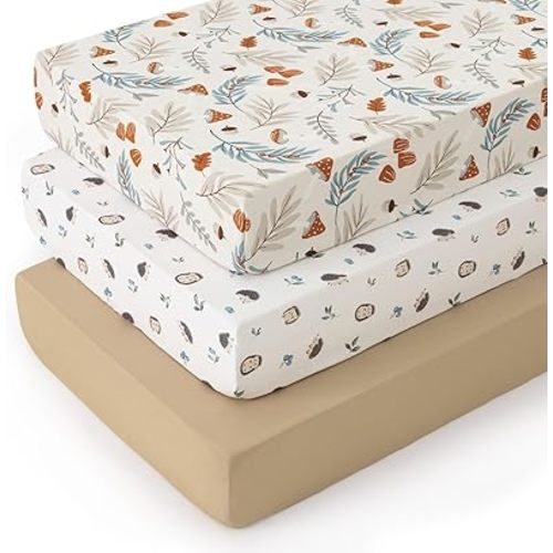 PHF 3 Pack Soft Leaf&Mushroom Crib Sheets Fitted, Comfy Breathable Baby Sheets for Boys Girls, 28x52 Inches Fits Standard Crib and Toddler Mattresses, Leaf&Mushroom