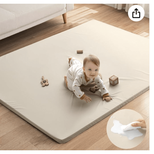 Blissful Diary Vegan Leather Baby Play Mat, 71x59 Thicken Foam Cushioned & Waterproof Playpen Mat for Infants and Toddlers, Stylish and Just Wipe-Clean Playmat for Baby Play on Floor, Beige