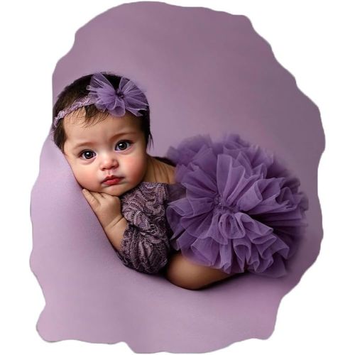 Ylsteed Newborn Girl Photoshoot Outfits Lace Elastic Romper with Headband - Elegant Gorgeous Photography Outfit - Purple