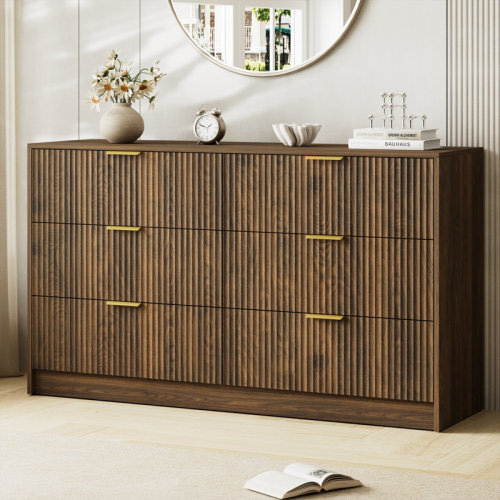 Ebern Designs Fluted Dresser For Bedroom With 6 Drawers, 55.1" Wide Modern Chest Of Drawers With Metal Handle | Wayfair