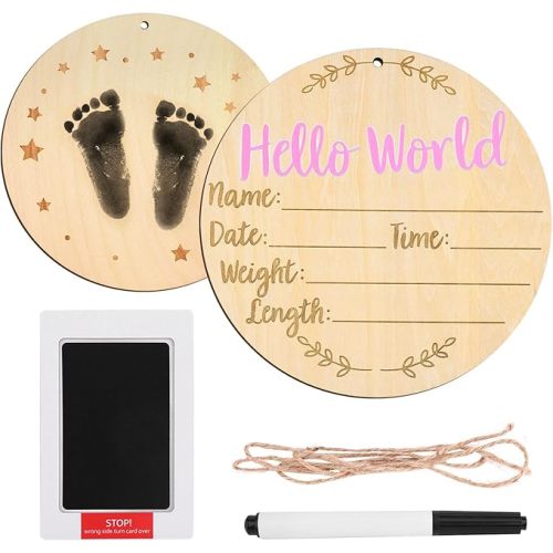 Hello World Newborn Sign, 6in Round Wooden Baby Name Plaque Photo Props Newborn Welcome Signs for Hospital Nursery Babies Shower (Pink)
