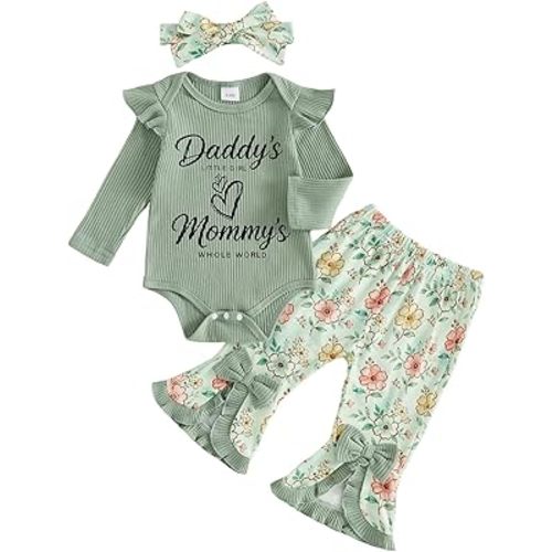 Newborn Baby Girl Clothes Ribbed Knit Bodysuit Flower Bell Bottoms Set Romper Flare Pants Fall Coming Home Outfits