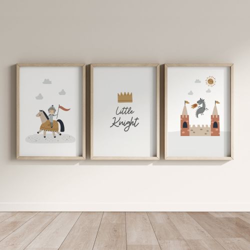 Little Knight and Dragons Printable Art for Nursery Decor - Wall Art Set of 3 Prints for Baby Room - Baby Shower Gift Ideas
