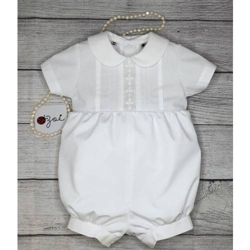 A special Christening or Baptism Boy Romper White or Ivory with a delicated vertical Crosses insertion made with love and care by zoe.