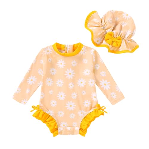 Infant Baby Swimsuit Girl Long Sleeve UPF 50+ Sun Protection One-Piece Rash Guard with Hat Zipper Bathing Suit