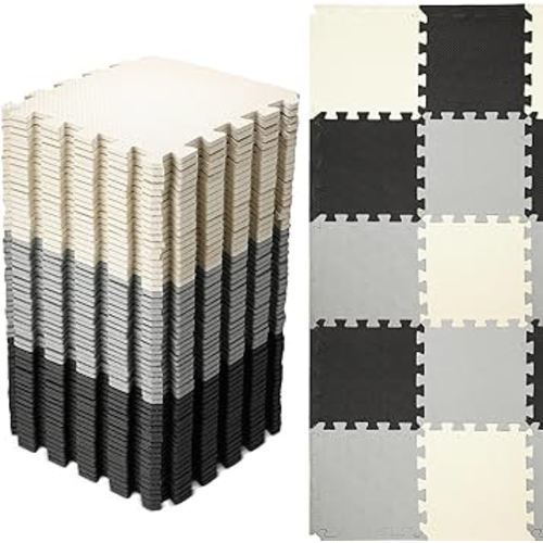 Nuanchu 60 Pcs Kids Foam Puzzle Floor Mat Bulk Solid Color Foam Play Mat with Borders Interlocking Multi Use Floor Rug for Baby Toddler Children Crawling Exercise Playroom 12 inch (Black, White, Gray)