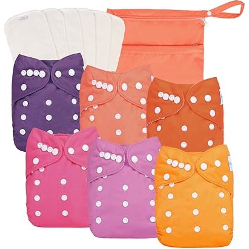 babygoal Baby Girl Cloth Diapers 6 Pack with 6pcs Inserts and Wet Bag, Reusable Waterproof Diaper Covers for Toddlers with Snap Closure