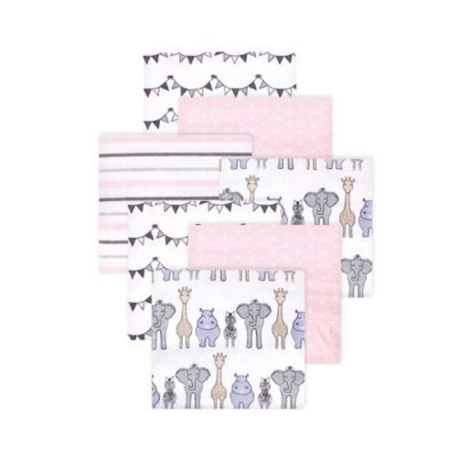 Little Treasure Hudson Baby Girls Cotton Poly Flannel Receiving Blankets Multipack, Pink Royal Safari, 30x30 inches
