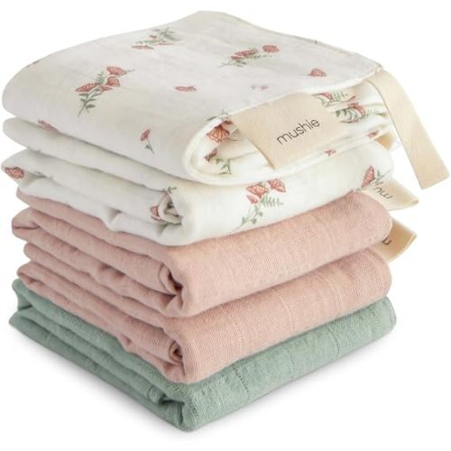 mushie Muslin Organic Cotton Washcloths 5-Pack (Pink Flowers Combo) | Soft Wipes for Baby Cleanups and Bathing