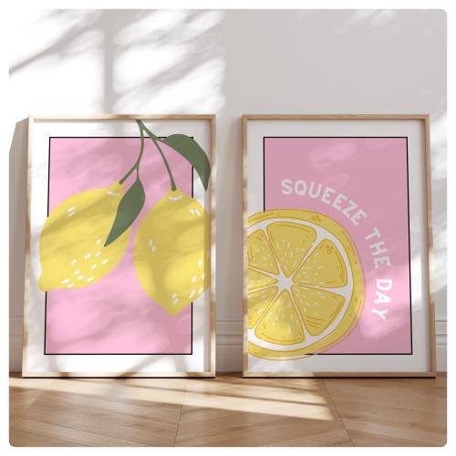 Set of 2, Bright prints,  lemon , squeeze the day, stylish, fashion bedroom, living room, hallway prints, kitchen, colourful, pink, green
