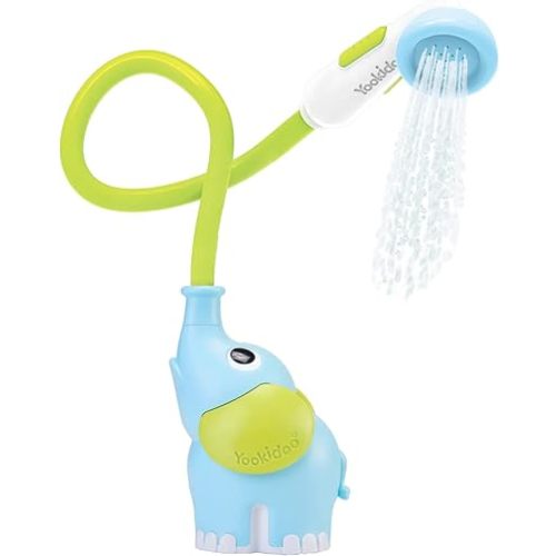 Yookidoo Baby Bath Shower Head - Elephant Water Pump with Trunk Spout Rinser - Control Water Flow from 2 Elephant Trunk Knobs for Maximum Fun in Tub or Sink for Newborn Babies (Blue)