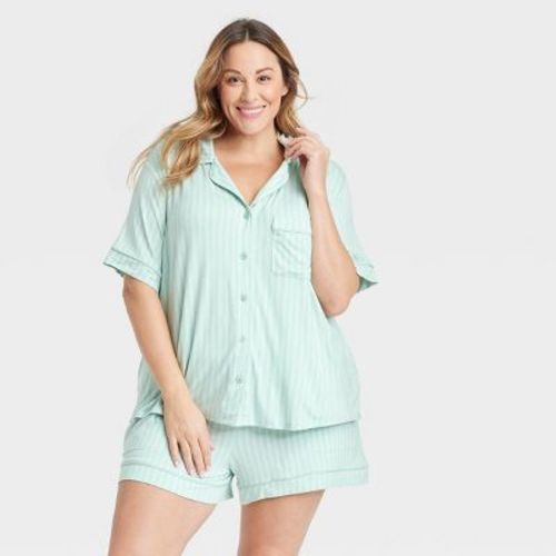 Women's Cloud Knit Short Sleeve Notch Collar Top And Shorts Pajama Set - Auden™ Navy Blue 1x