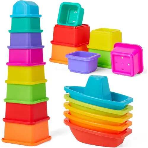 Bath Toys for Kids Ages 1-3-5, 13 PCS Toddler Bath Toys for 2-4 Bathtub Water Table Pool Toys Rainbow Floating Boats with Baby Stacking Cups for Babies 6-12 Months Early Learning Educational Gifts