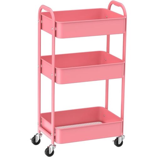 MAX Houser 3-Tier Rolling Utility Cart with Caster Wheels,Easy Assembly, for Kitchen, Bathroom (Pink)