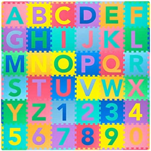 ProSource Kids Foam Puzzle Floor Play Mat with Shapes & Colors 36 Tiles, 12"x12" and 24 Borders