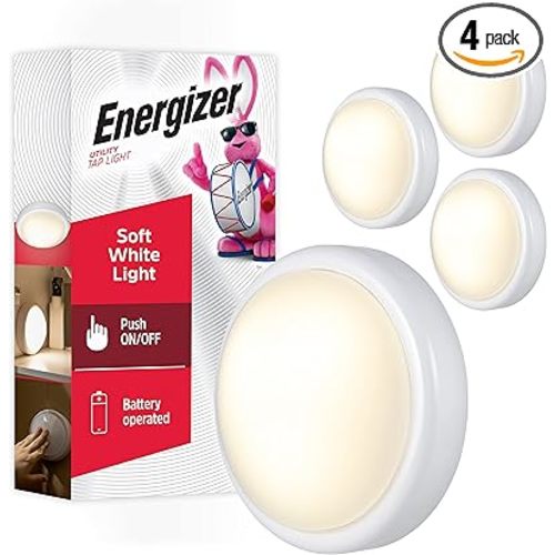 Energizer LED Tap, 4 Pack, Push, Battery Operated, Touch, Stick On Lights, Wireless, Puck, Under Cabinet Lighting, Perfect for Closets, Kitchen and More, 48958-P1