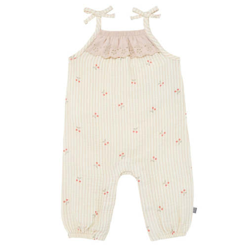 Baby Girls Beige Cherry Stripe Sleeveless Ruffle Romper