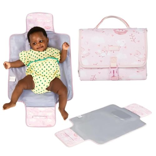 BabbleRoo Baby Changing Pad - Comfortable Portable Changing Pad, Compact, Fits in Any Diaper Bag - Lightweight and Soft with Cute Designs, Convenient Pockets, Extra Head Support – Pink Birdy