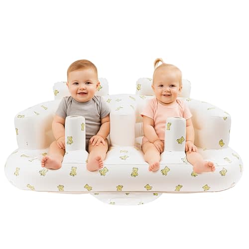 Baby Inflatable Seat for Twins Babies 3 Month and Up, Side-by-Side Double Inflatable Floor Chair for Sitting Up with Built in Air Pump, Blow Up Baby Chair for Infants - Twins Bear
