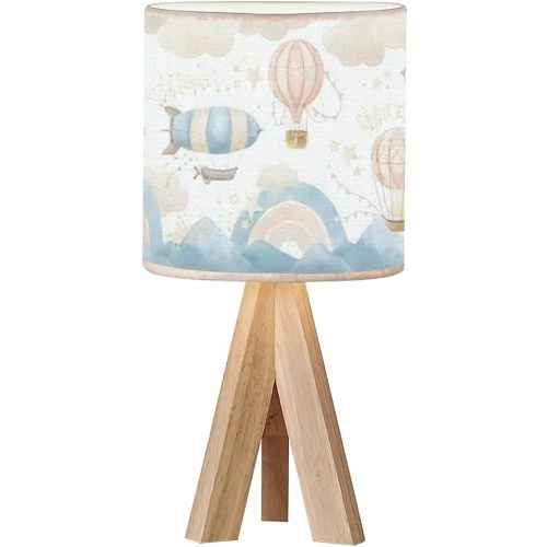 Tripod Bedside Desk Table Lamp Hot Air Balloons for Baby Room Clouds Rainbow Wood Nightstand Lamp with Linen Fabric Shade for Nursery Bedroom Living Room Kids Room