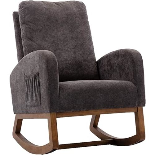Dolonm Rocking Chair Mid-Century Modern Nursery Rocking Armchair Upholstered Tall Back Accent Glider Rocker for Living Room (Dark Gray)