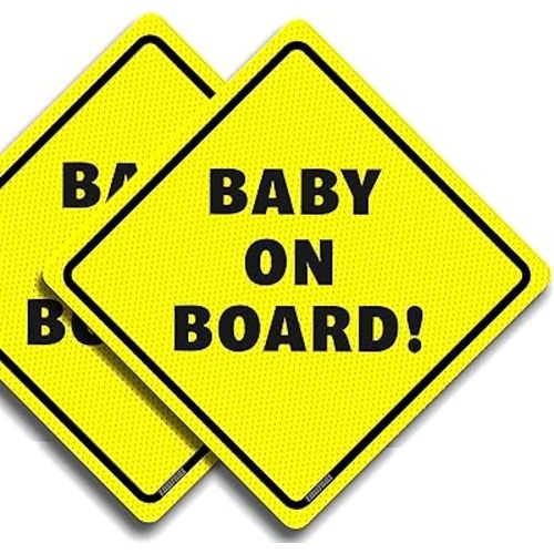 Baby On Board Sticker Sign - Essential for Cars - 2 Pack, 5.5" by 5.5" - Bright Yellow and See-Through On Window - Best Safety Signs - No Need for Suction Cup or Magnet - Durable and Strong Adhesive