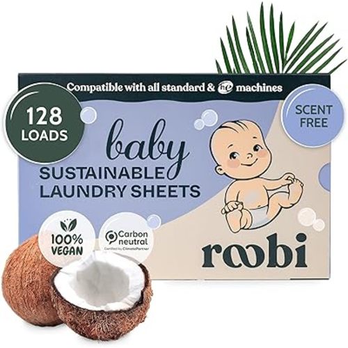 Roobi Unscented Baby Laundry Detergent Sheets. Specially Formulated for Sensitive Skin. Sustainable Laundry Sheets for Newborns, Infants, Toddlers & Baby Clothes. Up to 128 Loads.