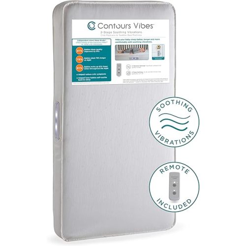 Contours Vibes Soothing Vibrations Breathable 2 Stage Waterproof Baby Crib Mattress plus Toddler Bed Fit, Vibrating Soother, GREENGUARD Gold Certified, Safety & Quality Tested, Made in USA, 52"X28"