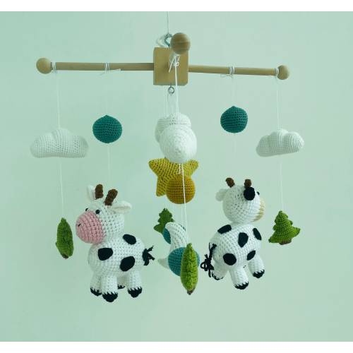 crochet cow | Cows in babymobile farm | handmade bull cart | children's cart | babymobile trees and clouds| minimalist