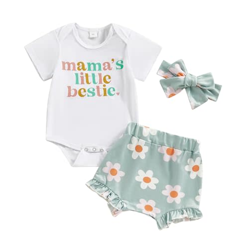 Baby Girls Summer Short Clothes Mama's Little Bestie Letter Print Bodysuit Daisy Bloomer Shorts Headband 3Pcs Outfit