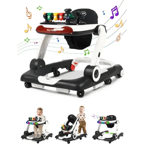 Music and Lights Baby Walker with Wheels, 6 in 1 Baby Activity Center w/Ergonomic backrest Design, Baby Walkers for Boys w/Foot Pads, Music Bouncer Walkers for Boys Girls Babies 6-18 Months, Black