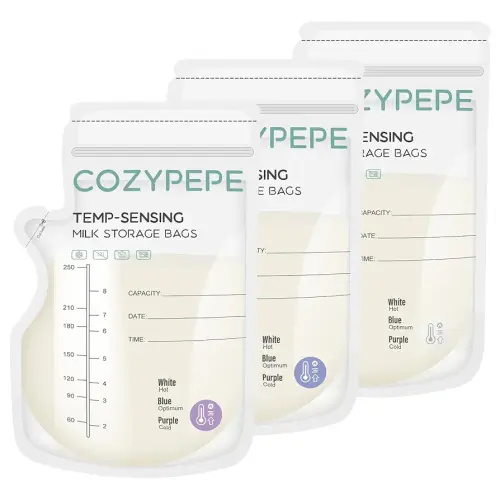 100 Pcs Breastmilk Storage Bags, 8Oz Breast Milk Storing Bag with Pour Spout, Temperature-Sensing Color Change Milk Bag for Convenient Breastfeeding, No Leak Presterilized for Freezer