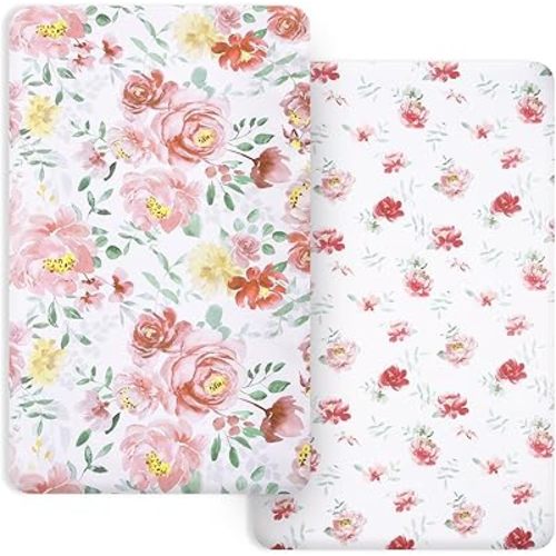 PHF Soft Mini Crib Sheet Set, 2 Pack Silky Comfy Pack N Play Sheets for Girls, Universal Fit for Pack N Play, Playard and Mini Crib Mattresses, Watercolor Floral