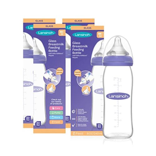 Lansinoh Glass Baby Bottles for Breastfeeding Babies, 8 Ounces, 4 Pack, Includes 4 Medium Flow Nipples (Size 3M)