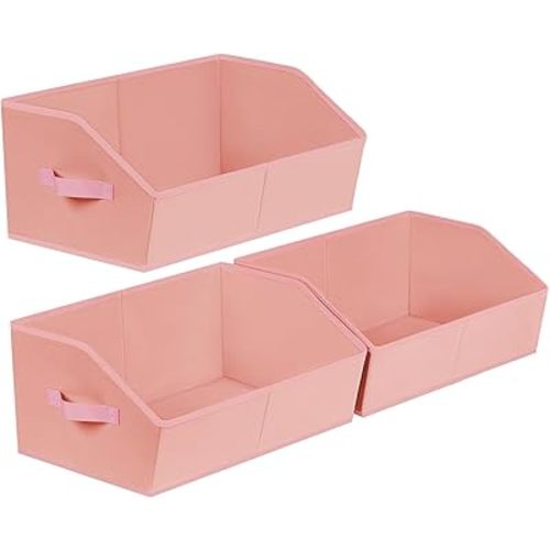 Homsorout Closet Baskets for Shelves Trapezoid - Decorative Storage Baskets with Handle, Closet Bins for Organization, Shelf Storage Bins for Clothes, Books, Home, Office, 3 Pack, Pink