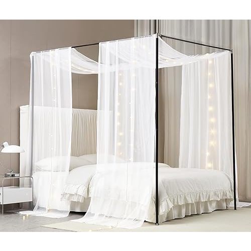 Cortinas con dosel Akiky para cama de niñas, elegantes cortinas con luz, ideales para decorar habitaciones, bodas y ventanas (doble, blanco).