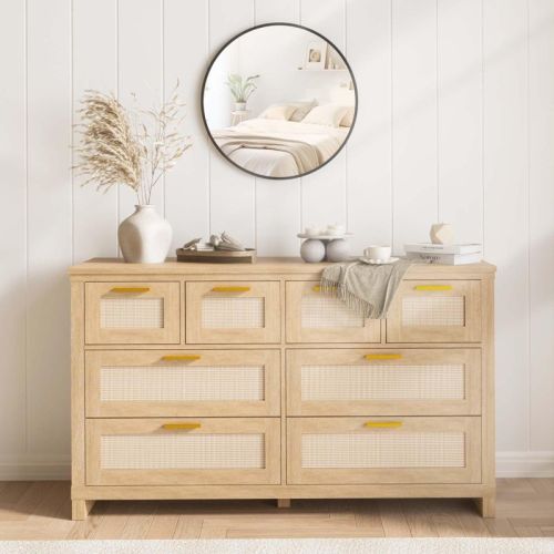 8 Drawer Rattan Dresser for Bedroom, Natural Wood Dresser Chest with Ample Storage