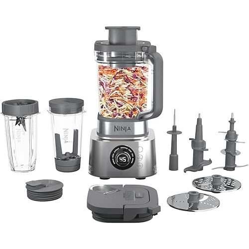 Ninja Blender and Food Processor Combo, Foodi Power Blenders For Kitchen and Personal Size, Smoothie Maker, 6 Functions for Bowls, Spreads, Shakes, 72-oz. Glass Pitcher & To-Go Cups, Silver SS401