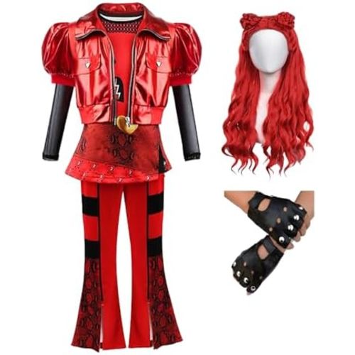D.O.T Girls Rise Red Costume Includes Red Heart Jacket Shirt Flared Pants Wig Gloves 5pcs Halloween Princess Dress up 3-14Y