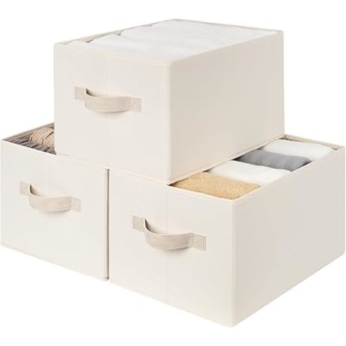 StorageWorks Closet Organizers and Storage Bins, Fabric Storage Baskets for Shelves, Linen Closet Organizer for Clothes, Beige, 3-Pack, Large