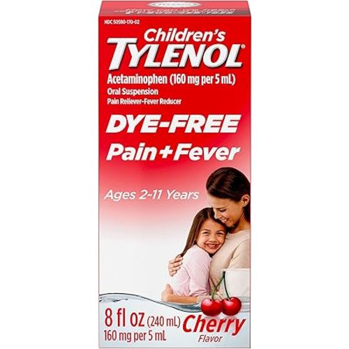 Tylenol Children's Liquid Pain Relief & Fever Medicine, Oral Suspension, Dye-Free Acetaminophen, Aspirin-, Ibuprofen-, High Fructose Corn Syrup- Free; Cherry Flavor, 8 fl. oz.; Pack of 1