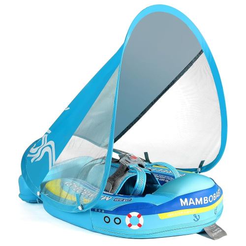Mambobaby Float Add Tail No Flip Over Non-Inflatable Baby Swim Float Pearl Foam Solid Water Floats Smart Swim Trainer Infant Pool Float Swim Ring with Sun Canopy